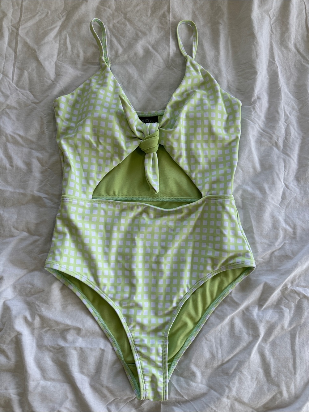 Daisy Street Light Green Check One-Piece Swimsuit with Front Knot